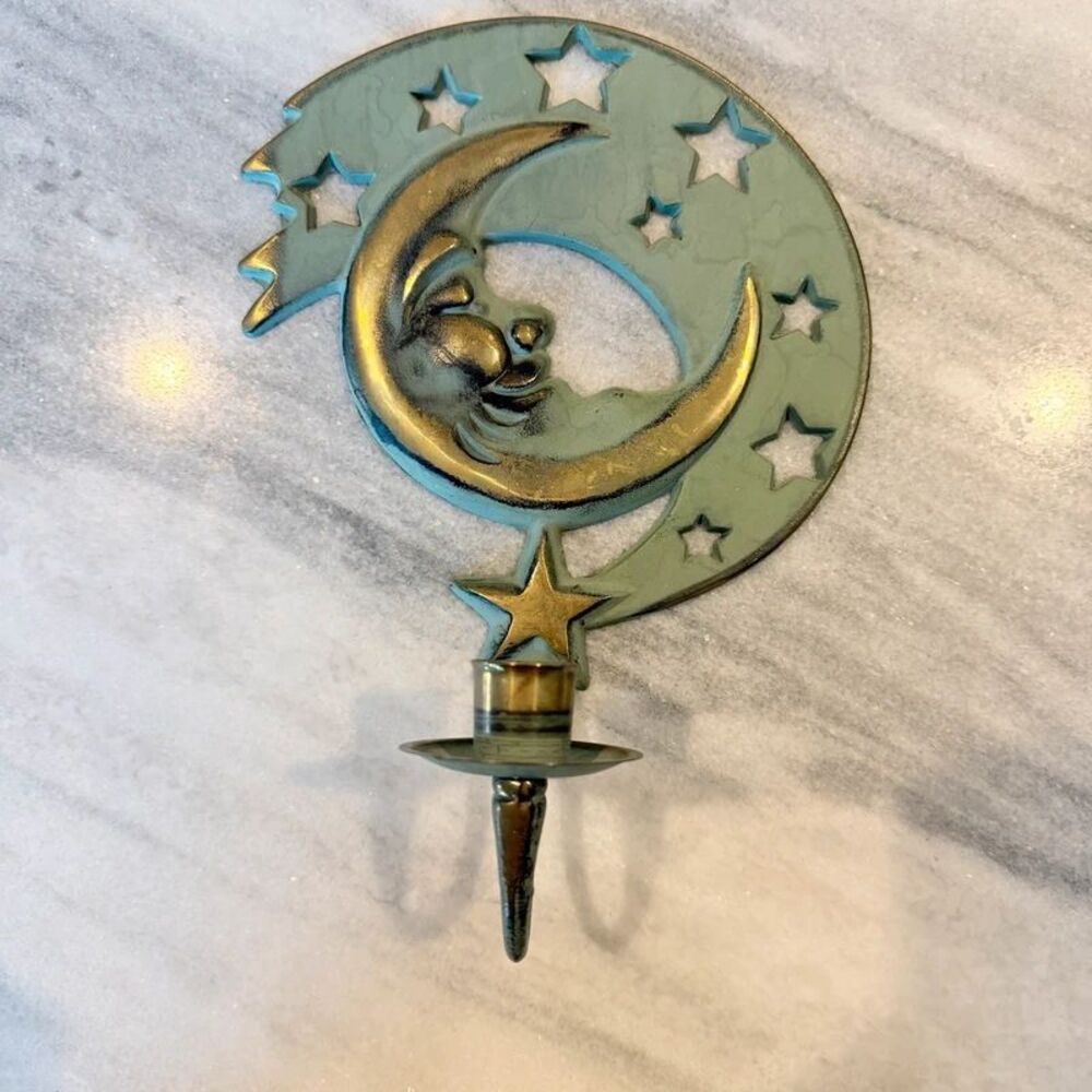 Vintage Partylite Celestial Moon Candle Sconce Metal Patina